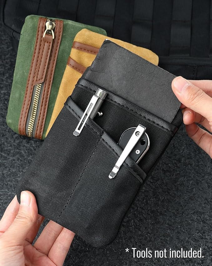 SAYRAM SP9 Pocket Organizer, Waxed Canvas EDC Pouch, Zipper Pocket Organizer Pouch for Men, Slim EDC Organizer for Coins, Notebook, Multitool, Tactical Pen