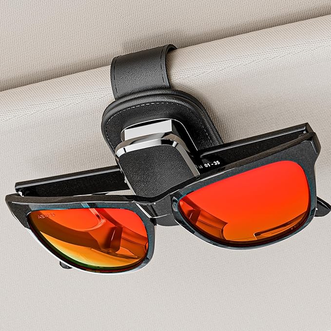 Sunglass Holder for Car Visor, One-Handed Operation Leather Sunglasses Clip with Soft Padding, Auto-Clamping Eyeglasses Organizer for Sun Visor, Universal Car Accessories (Black)