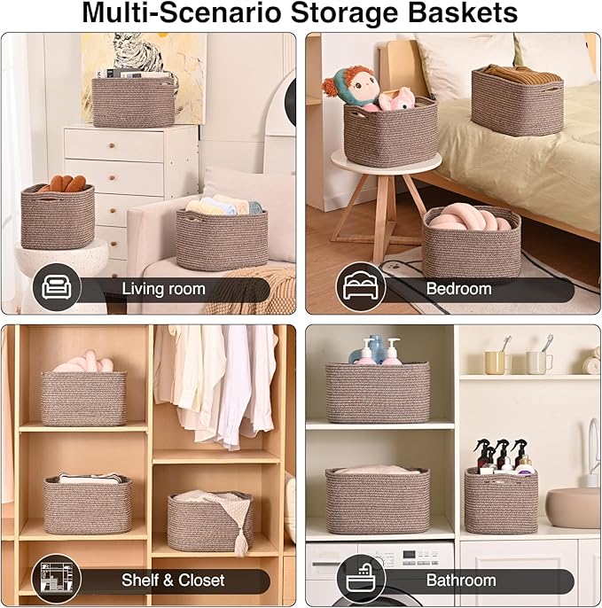 ICERZCZ Storage Baskets for Organizing Shelves, Woven Cotton Rope Bins for Baby Nursery Organization, Book Toy Towel Organizer, 15"x11"x9.5", 3 Packs, Dark Brown