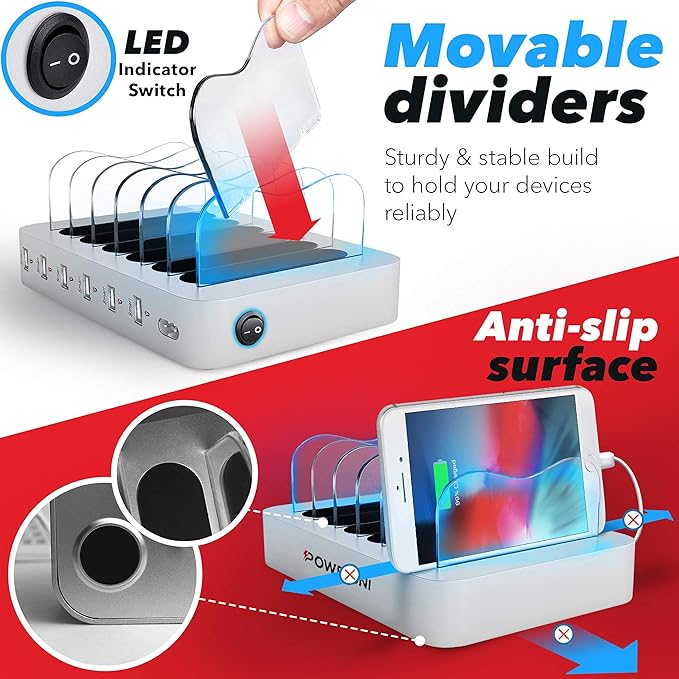 USB Charging Dock - 6-Port Universal Charging Station for Multiple Devices - Multi Device Charger Station - Compatible with Apple, iPad, iPhone, and Android Cell Phones and Tablets