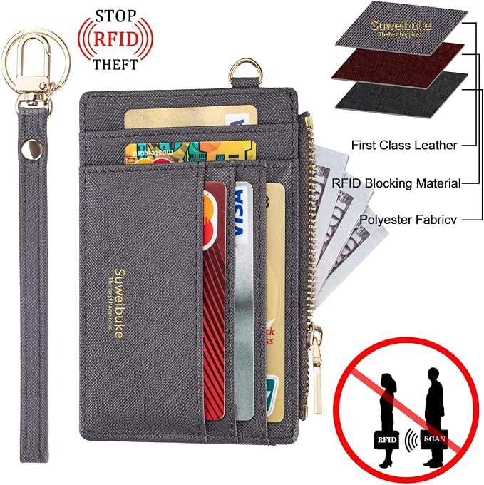 Wikavanli Women Slim Rfid Blocking Credit Card Case Holder Wristlet Zip ID Case Wallet Small Compact Leather Wallet Coin Purse with Keychain (Gray a)