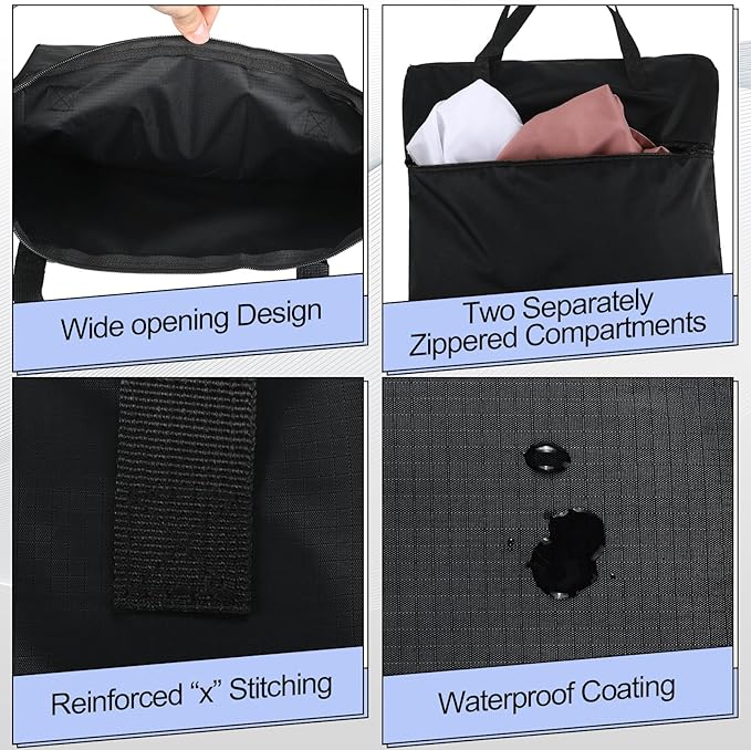 Oudain 2 Pcs Travel Laundry Bags Waterproof with Handle Dirty Clothes Bag for Traveling Hanging Laundry Hamper with Two Zippered Pockets Washable Reusable for Sports Home Travel College