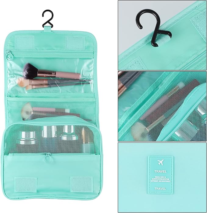 Pengxiaomei Hanging Toiletry Bag, Mint Green Waterproof Cosmetic Bag Portable Makeup Pouch Travel Wash Bag with Handle for Kids Teen Girls Wedding Mothers Day Gifts