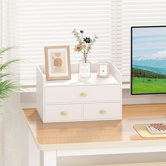 Bamboo Desk Organizer - Stackable, No Assembly Required, Ideal for Office/Home Use - Perfect for Toiletries, Stationery, Accessories. (White, Fence three Desk Organizer)