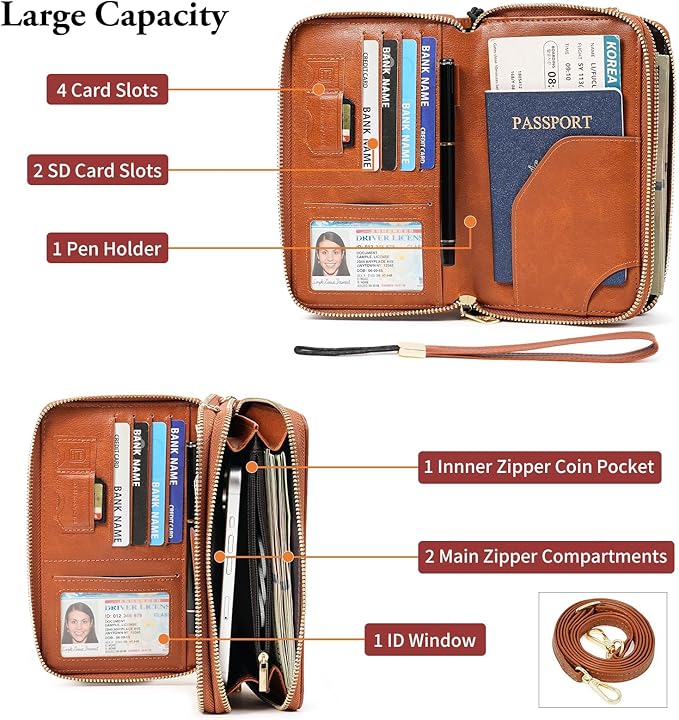 GOIACII Passport Wallet Travel Crossbody Bags for Women Wristlet Phone Purse Double Zip Vegan Leather Brown