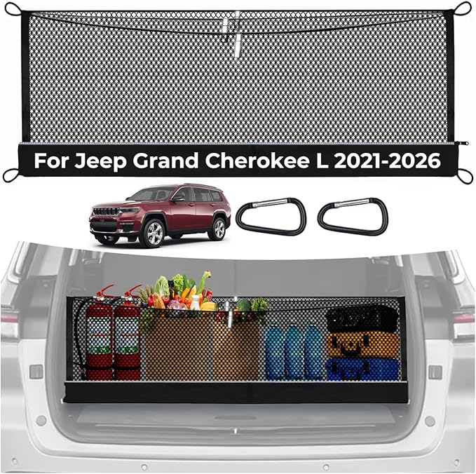 3-Layer Cargo Net for Jeep Grand Cherokee L (3-Row) 2021-2026, Zoned Storage Trunk Net with Foldable Zippered Bottom Bag, Heavy-Duty Cargo Organizer Netting for Camping, Trips & Everyday Use