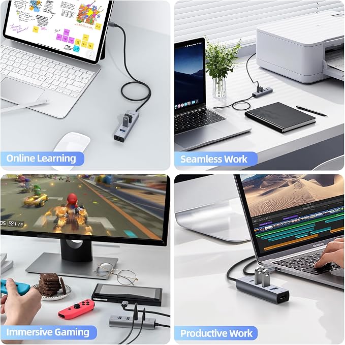 5-Port USB C Hub, intpw USB C to USB Adapter with 1 USB-C/3 USB-A 3.0 Data Ports, 5Gbps Aluminum Multiport USB-C Hub Adapter Long Cable for Laptop, MacBook, iPad, PC(4FT)