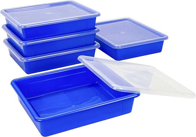 Storex Letter Size Flat Storage Tray – Organizer Bin with Non-Snap Lid for Classroom, Office and Home, Blue, 5-Pack (62536A05C)
