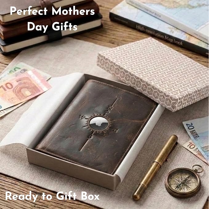 SETTINI Genuine Leather Passport Holder for Travel with AirTag Slot — RFID Blocking Passport Wallet, Find My Compatible, 6 Card Slots & ID Window, Compass Design, Gift Box (AirTag Not Included)
