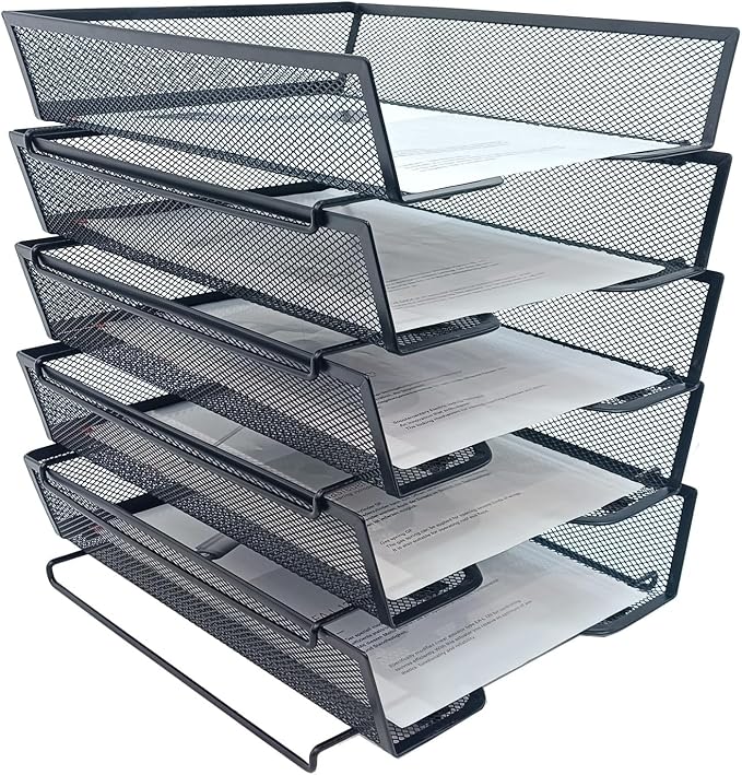 5-Tier Letter Tray Desk Organizer,Metal Stackable File Trays,Black | Shelves for Letter Size or A4 Paper Storage Organizer,Metal Mesh File Basket for Ofice Desk
