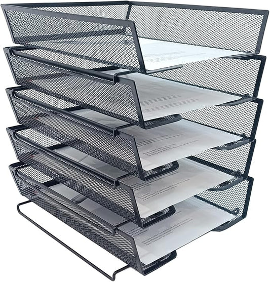 5-Tier Letter Tray Desk Organizer,Metal Stackable File Trays,Black | Shelves for Letter Size or A4 Paper Storage Organizer,Metal Mesh File Basket for Ofice Desk