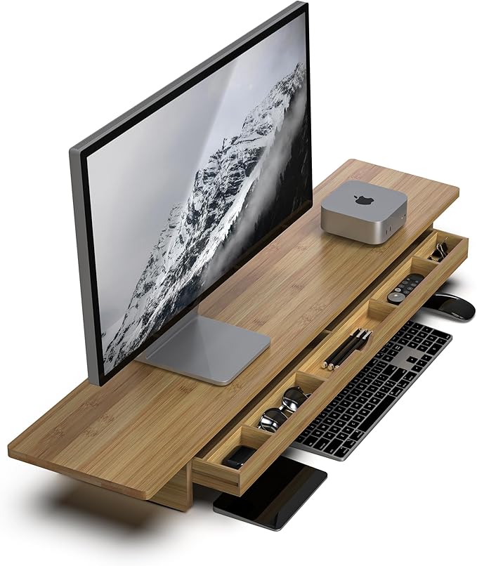Bamboo Monitor Stand with Large Storage Drawer, 42 Inch Ergonomic Computer Riser for Desk, Screen Shelf with 7 Compartments for Keyboard & Stationery Organization, Dark Bamboo