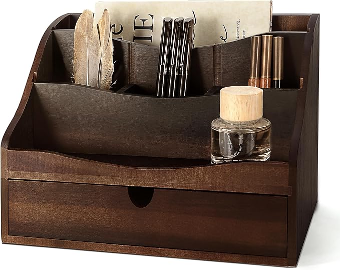 Rebee Vision Acacia Wood Mail Organizer for Desk – Retro Countertop Mail Holder with Dividers – 4-Slot Letter Sorter for Office Accessories – Desktop Organizer for Home Decor (Dark Acacia)