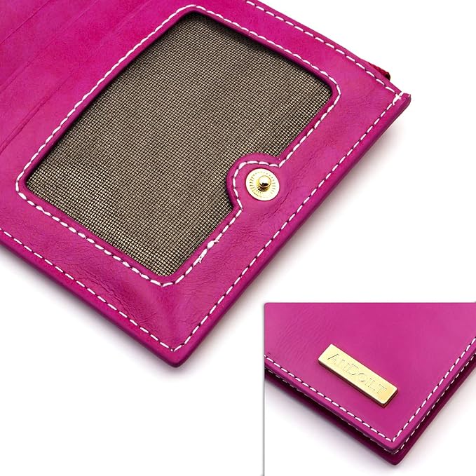 ANDOILT Women's Genuine Leather Wallet RFID Blocking Credit Card Holder Zipper Purse Cell Phone Handbag