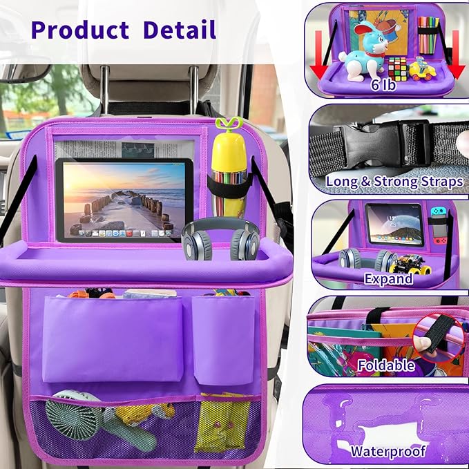 Car Backseat Organizer with Tray, Seat Back Table Holder with 6 Storage Pockets, Car Seat Back Protectors Kick Mats Travel Accessories, 1 Pc Purple