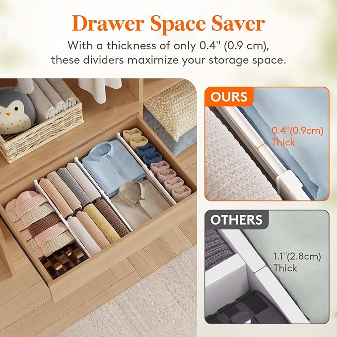 Lifewit 4" Tall 9 Pack Drawer Dividers, 35-56.5cm/13.8-22.2" Expandable Drawer Divider for Clothes, Adjustable Dresser Drawer Organizers, Drawers Separators for Dresser/Bathroom/Closet/Kitchen White