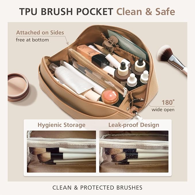 MELINE Travel Makeup Bag – Large Capacity Cosmetic and Toiletry Organizer with Divider and Handle, Waterproof Flat-Open Design, Portable Pouch for Women (Taupe)