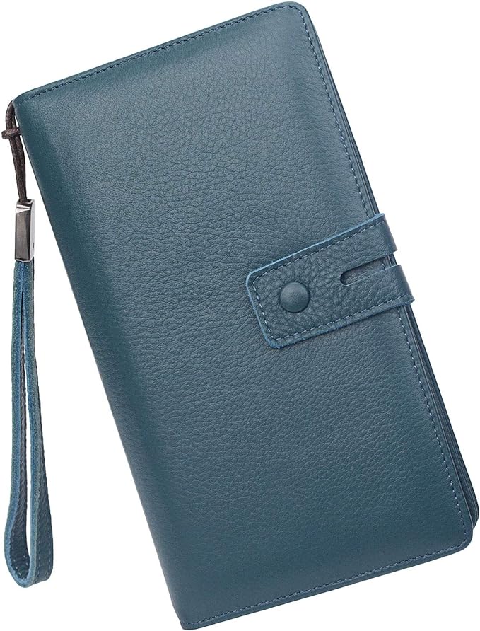 Women's Big Fat RFID Blocking Leather Wristlets Wallet Organizer Checkbook Holder (Blue)