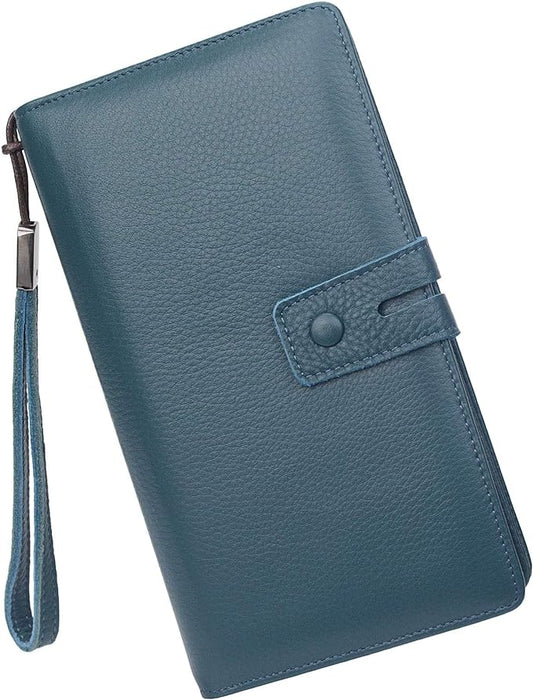 Women's Big Fat RFID Blocking Leather Wristlets Wallet Organizer Checkbook Holder (Blue)