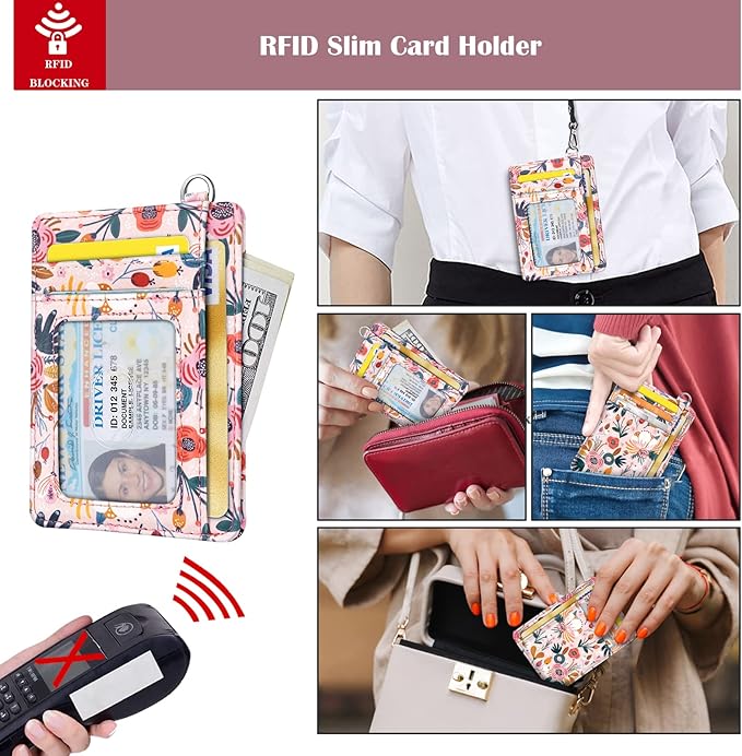 Coco Rossi Slim Front Pocket Wallet RFID ID Card Holder Cute Small Wallet with Wrist Lanyards Key Chain Holder for Women,Pink Flowers