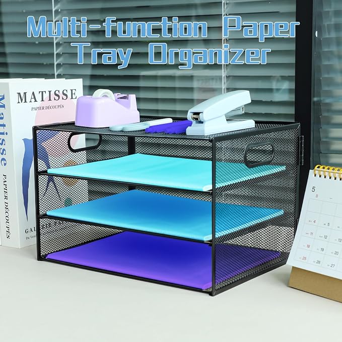3 Tier Desk Organiser with Handle, Pull-Out Mesh File Organizer for Letter Tray Organizer Mesh Desk Organiser Tray Paper Storage Rack for A4 File Office Supplie, Black