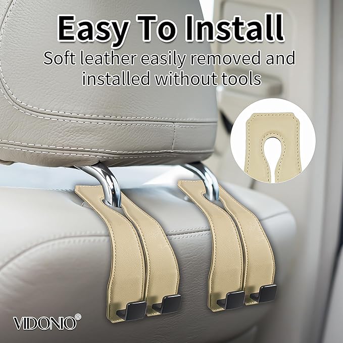 vidonio 2 Pack Double Car Seat Hooks for Headrest, Rotatable Purse Holder for Car, Premium Leather Car Hooks for Purses and Bags, Headrest Hook and Storage Accessories (Beige)