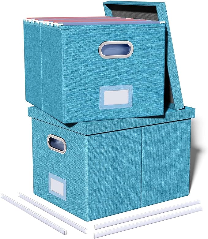Oterri 2 Pack File Storage Organizer, Document Organizer, Portable File Box with Lid, Fit for Letter/Legal File Folder Storage,Calamine Blue+Cobalt Green,Box only