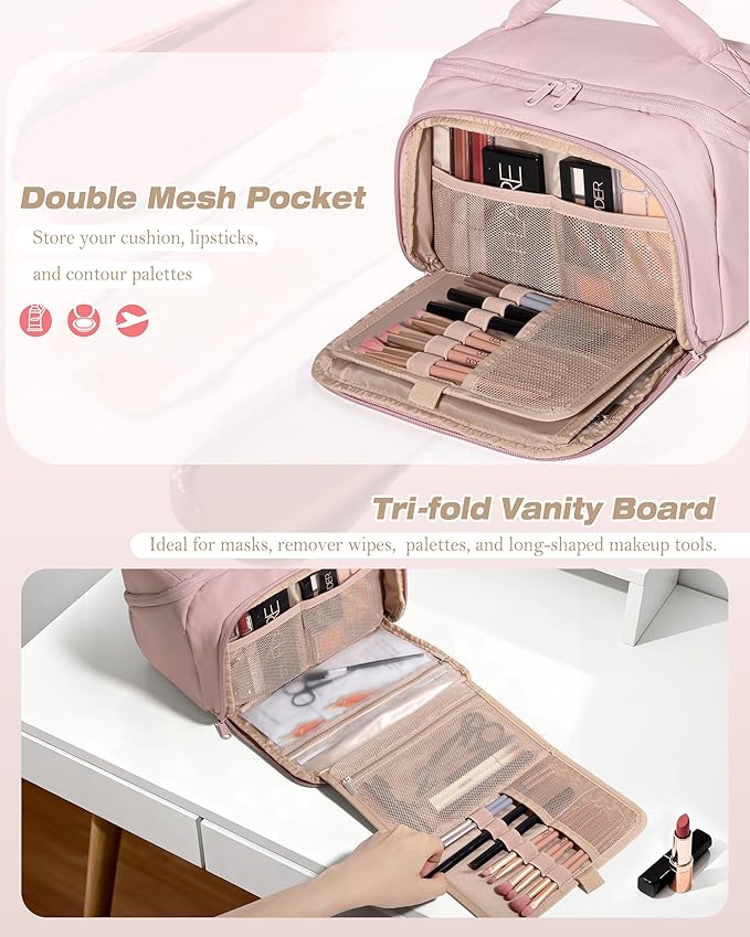 Marscamd Travel Makeup Bag for Women, Toiletry Organizer with Waterproof Pockets, Puffy Cosmetics Pouch for Makeup Brushes, Skincare & Travel Essentials, Pink (Bag only)