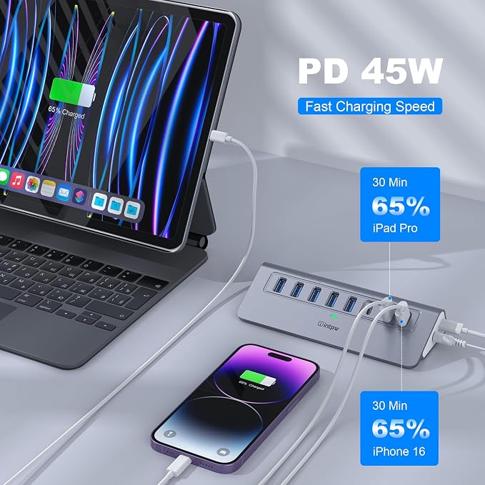Powered USB Hub 10Gbps, Intpw YH6AC Plus 10 Port USB 3.2 Hub(USB A/USB C 3.2+3 USB-A 3.0+2 PD 45W Fast Charging Port+SD/TF Card Reader), 65W Power Adapter,Aluminum USB HUB for PC,Laptop,iPhone 17/16
