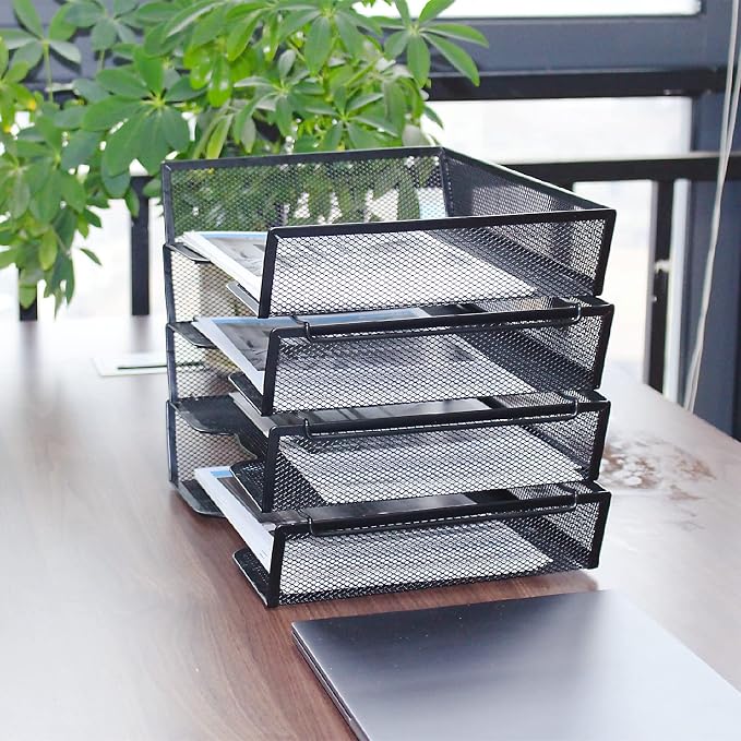 SETTFRFE 4 Tier Metal Letter Tray Desk Organizer-Stackable Paper Tray,Black | Desk Tray Organizer with Reinforced Edges,Stackable File Trays Organizers and Storage System for Office,School,Home