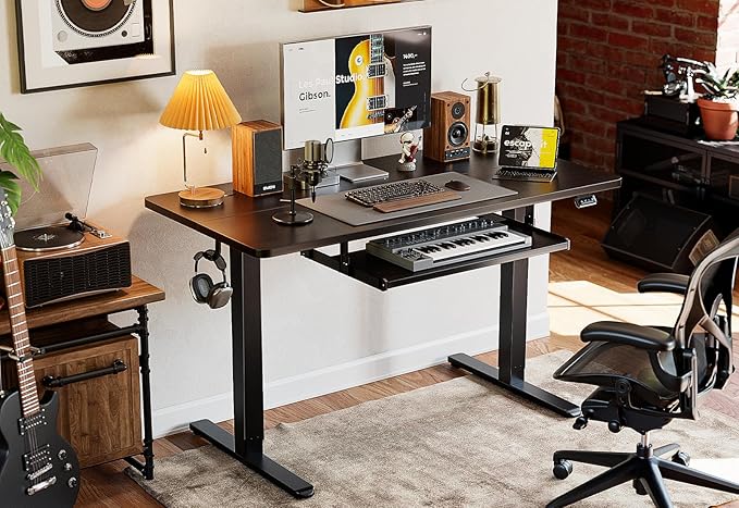 BANTI 48" x 24" Height Adjustable Electric Standing Desk with Keyboard Tray, Sit Stand up Desk with Splice Board, Black Frame/Black Top