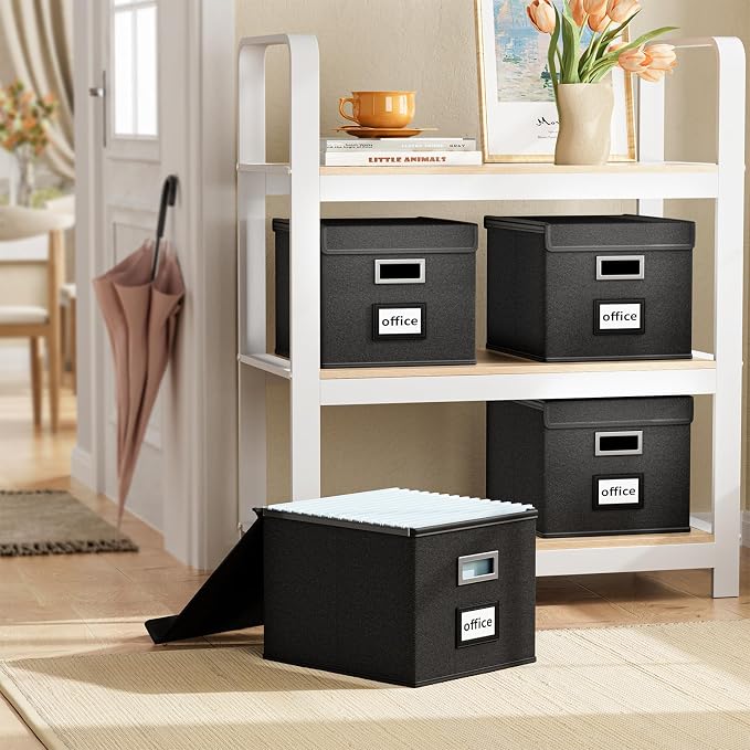 File Organizer Boxes with Lids, Collapsible Linen Hanging Filing & Storage Boxes with Plastic Slide for Office/Decor/Home, Filling System for File/Folders/Document Storage -2 Pack