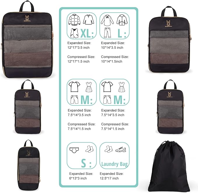 Compression Packing Cubes for Travel, Bunnychill Portable Zipper Packing Cube for Cloting, Expandable Space Saver Storage Luggage Organizer Bags for Suitcases