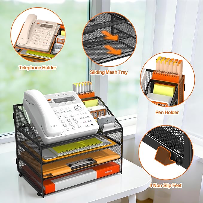 DocNest 4 Tier Metal Mesh Letter Tray - Space Saving Desk File Organizer with Handle, Pen Holder & Folder Holder - Desktop Document Sorter for Office, Home, School, Classroom - Black