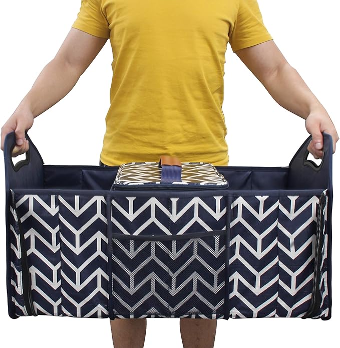 Orionstar Trunk Organizer, Foldable Car Storage Bag Portable Insulation Cooler Bag Collapsible Vehicle Organizer Divider Storage Totes with 3 Compartment Cargo Tote for Groceries Caddy SUV, Navy Blue