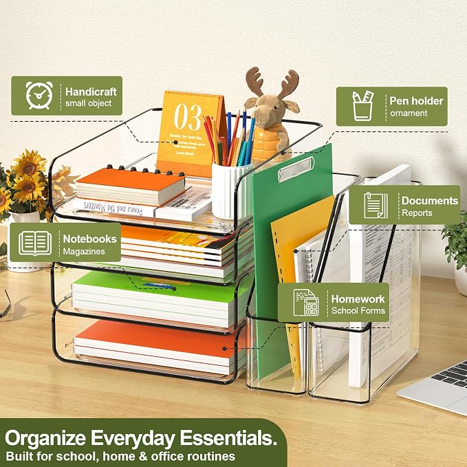 FANXIYQ 4-Tier Acrylic Paper Tray Organizer with Bookends, Clear Stackable Letter Tray Organizer for Desk, Acrylic File Organizer & Office Paper Organizer, Desk Accessories for Home Office