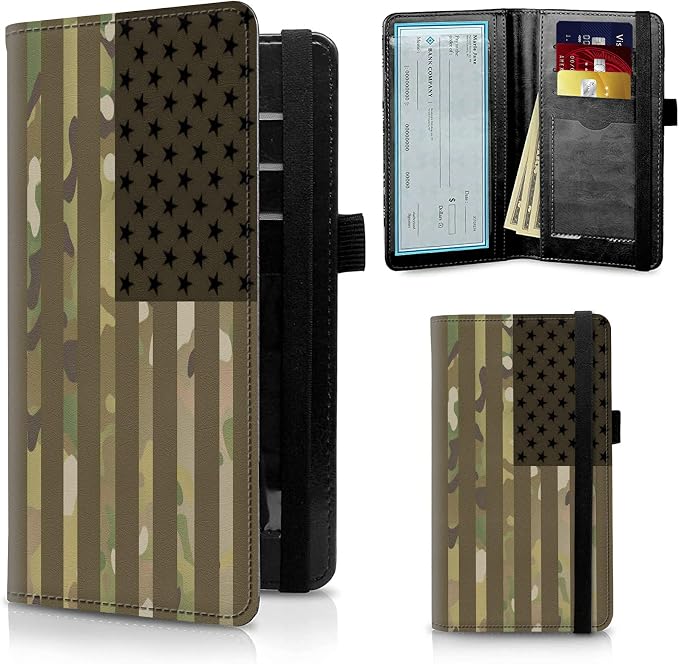 FUYOCWE Leather Checkbook Covers for Men Women Check book Holder Cover Wallets for Personal Checkbook Duplicate Checks with RFID Blocking & Elastic Strap-USA Flag Camouflage
