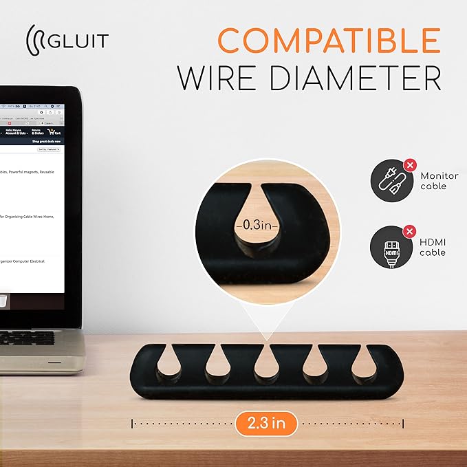 GLUIT Cord Organizer for Desk, Cable Holder for Nightstand, Charger Organizer, Adhesive Desktop Wire Clips, Multislot Cable Management, Table Organizer Accessories - 5 Pack, 15 Slots, Black