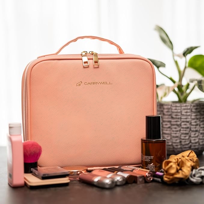 Makeup Bag Travel Case, Not-Made In China, Hard Train Case for Cosmetics, Portable Beauty Artists Organizer, Cosmetic Storage Box With Adjustable Dividers For Make Up and Brushes, Small Pink