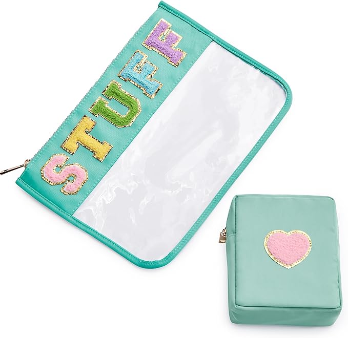 Preppy Patch Stuff Bag for Travel, 2 PCS Chenille Letter Clear Sunscreen Bag, PU Waterproof Beach Snack Makeup Cosmetic Bag Pouch, Gift for Women Girls