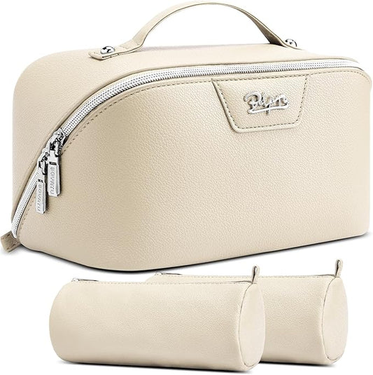 BOYATU Travel Makeup Bag Cosmetic Bags for Women: Large Capacity 3 Pcs Set Make up Bag with Compartments - Waterproof Vegan Leather Toiletry Organizer Bags with Handle (L27Off-white)