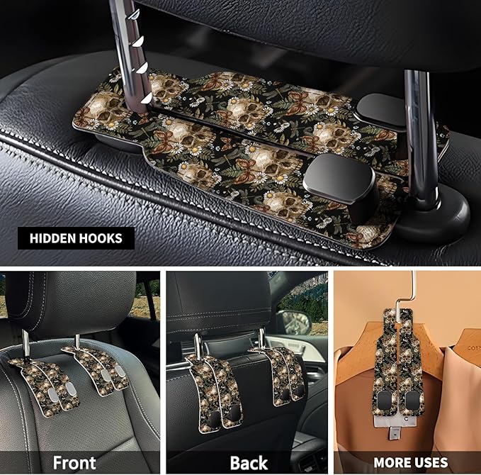 Car Seat Headrest Hook, Universal Leather Cute Hanger Holder Hook, Storage Organizer Interior Accessories for Purse Bags Handbag Cute Retro Flower Skulls