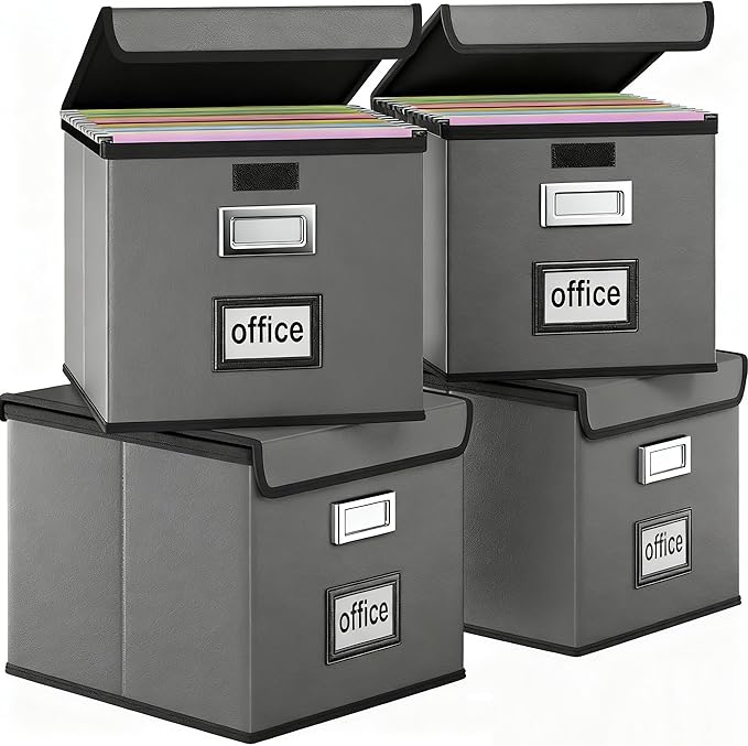 Portable Leather File Organizer Boxes with Lids, Office Document Boxes Organizer, Filing Boxes, Decorative Small File Boxes for Hanging Files with Plastic Slide for Office/Decor/Home