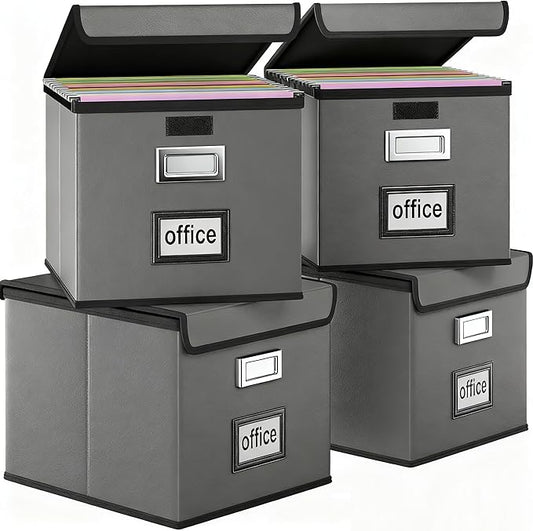 Portable Leather File Organizer Boxes with Lids, Office Document Boxes Organizer, Filing Boxes, Decorative Small File Boxes for Hanging Files with Plastic Slide for Office/Decor/Home
