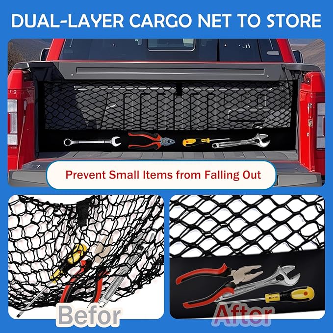 Truck Bed Cargo Net for 2015+ Ford F150 & 2017+ F250/F350/F450 Accessories, Envelope Style Trunk Mesh Cargo Net, Heavy Duty&Double-Layer Nylon Storage Netting Organizer(Not for Spray-in Liner Beds)