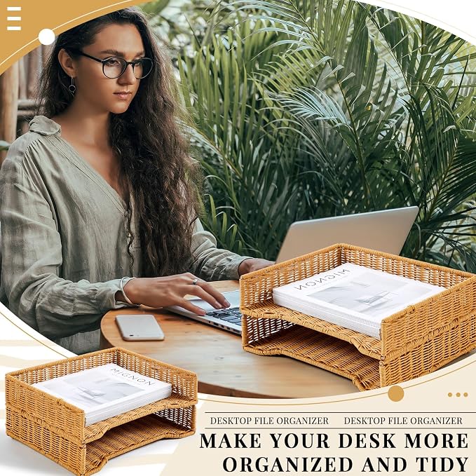 Yeaqee 2 Pcs Paper Tray Organizer for Desk Woven Letter File Organizer A4 File Tray Desk Paper Basket Letter Size Imitation Rattan Holder Organization Rack for Office Storage(Brown,Wheat Ear Pattern)