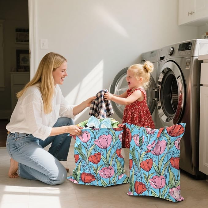 Travel Laundry Bags 2 PC Wet Dry Bag with Handle Dirty Clothes Organizer for Swimsuits Beach Camping Waterproof Washable Pink Tulips Flowers Blue