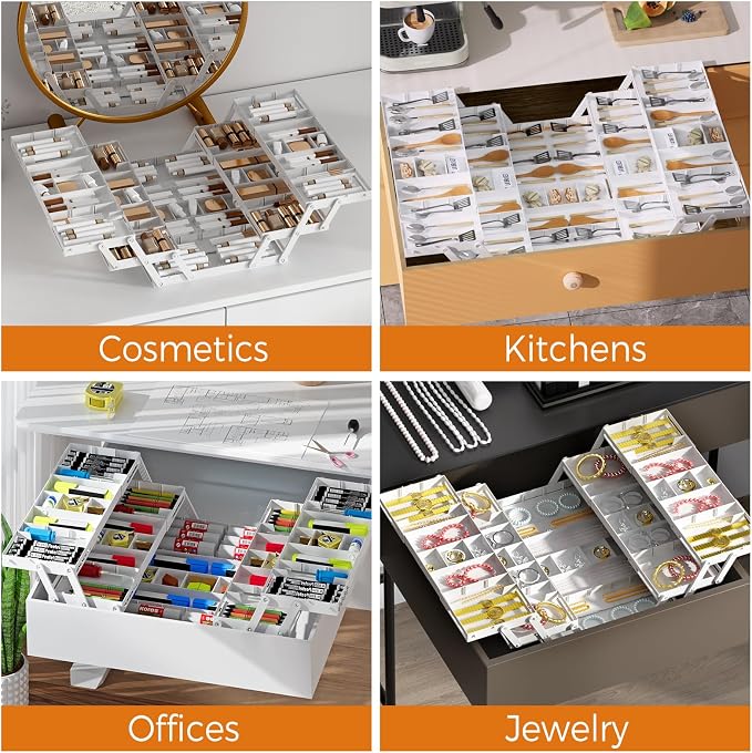3 Tier Drawer Organizer - Expandable Junk Drawer Organizer Smart Office Supply Organizer, Folding Kitchen Tool Storage Multi Level Desk Organizer for Makeup, Jewelry Storage(2 Row 3 Tier, White)