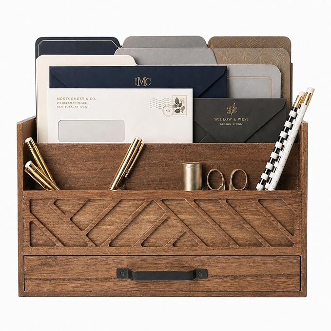 BLU MONACO | Wooden Mail Organizer with Drawer and Compartments | Mail Sorter Organizer Countertop for Desk Entryway | Outgoing Mail Holder Wood Desktop File Storage