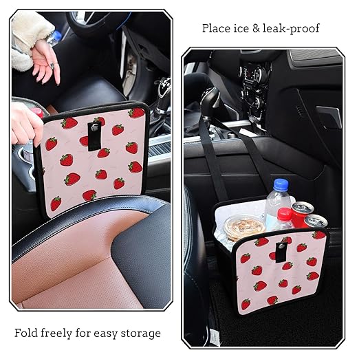 Cute Strawberry Pink Car Trash Can, Foldable Hanging Car Trash Bag, Small Waterproof Car Accessories Garbage Bin